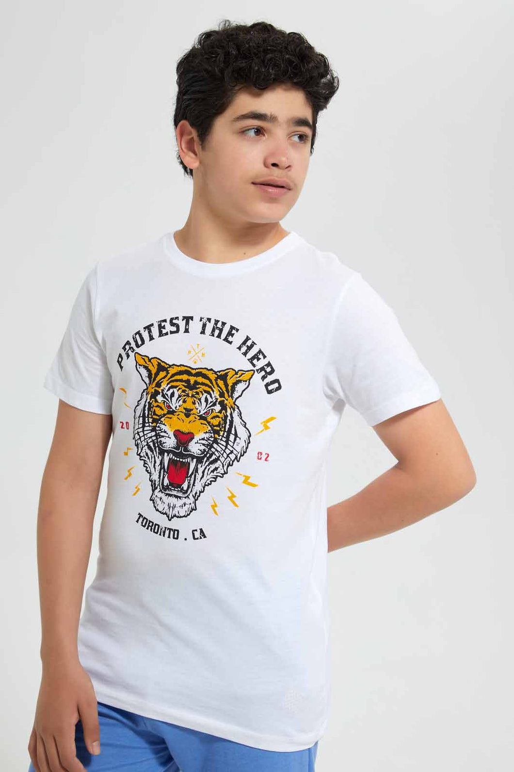 Redtag-White-Bsr-Tiger-Print-Tee-Graphic-T-Shirts-Senior-Boys-9 to 14 Years