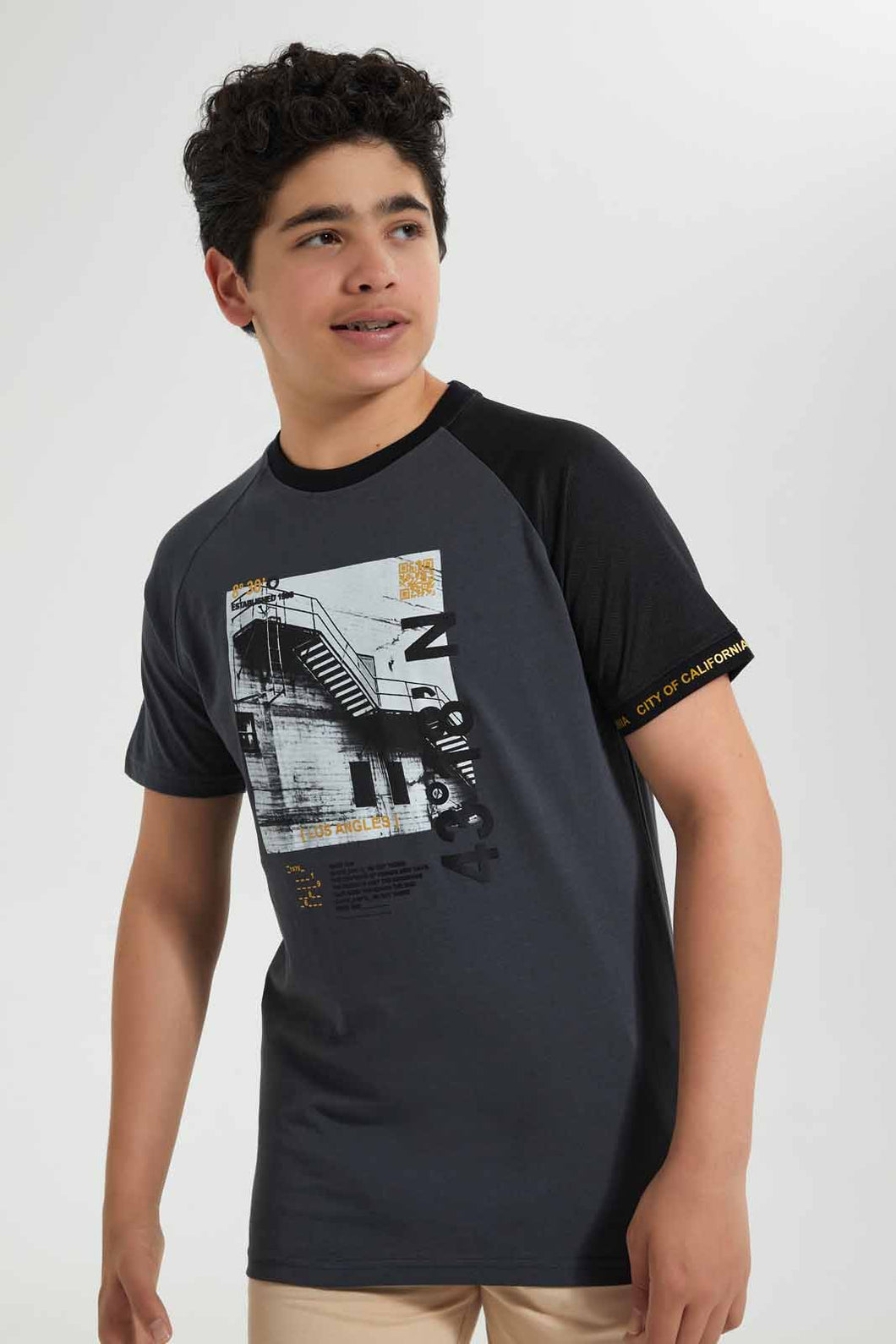 Redtag-Charcoal-Digital-Print-Tee-Graphic-T-Shirts-Senior-Boys-9 to 14 Years