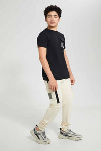 Redtag-Black-Patch-Pocket-&-Print-At-The-Back-Tee-Graphic-T-Shirts-Senior-Boys-9 to 14 Years