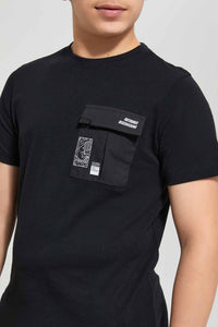 Redtag-Black-Patch-Pocket-&-Print-At-The-Back-Tee-Graphic-T-Shirts-Senior-Boys-9 to 14 Years