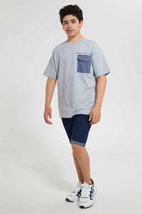 Redtag-Grey-Melange-Oversize-Pocket-Tee-Graphic-T-Shirts-Senior-Boys-9 to 14 Years
