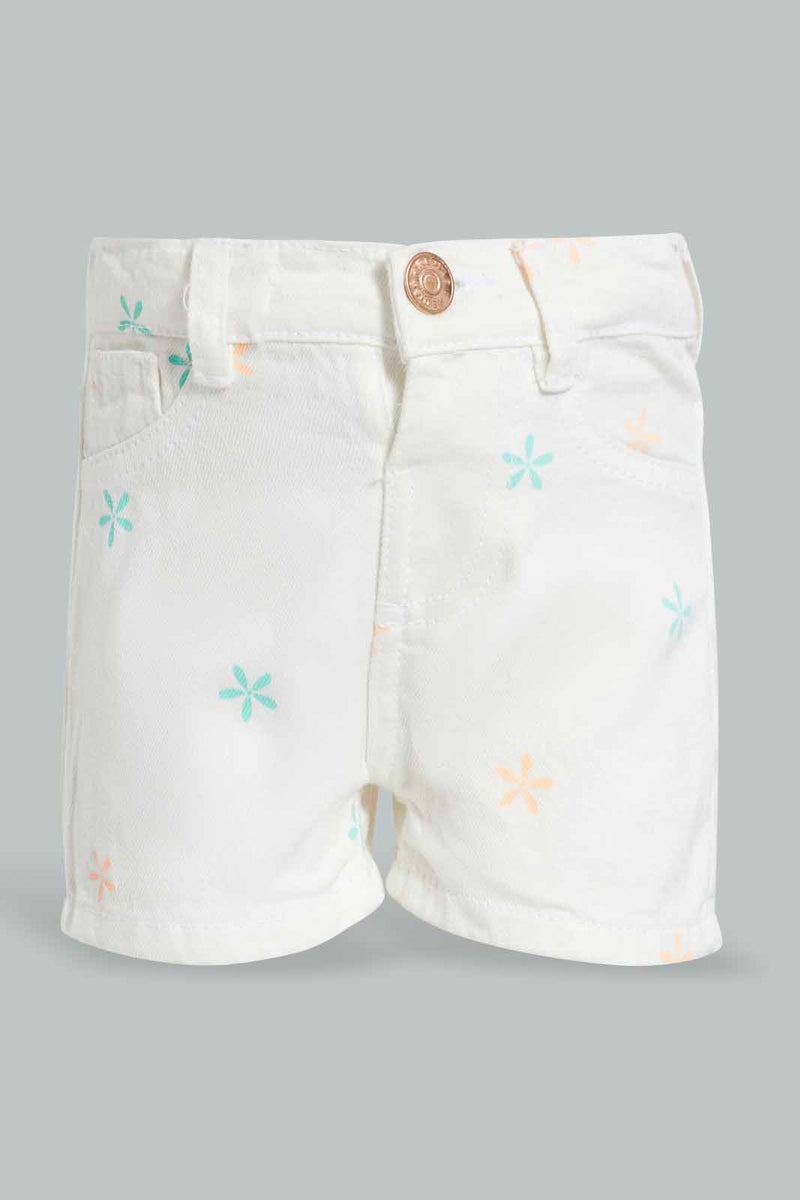 Redtag-White-Aop-Short-Denim-Shorts-Infant-Girls-3 to 24 Months