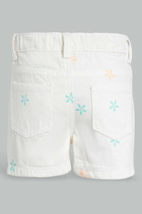 Redtag-White-Aop-Short-Denim-Shorts-Infant-Girls-3 to 24 Months