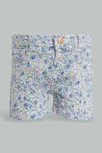 Load image into Gallery viewer, Redtag-Blue-Floral-Aop-Short-Denim-Shorts-Infant-Girls-3 to 24 Months
