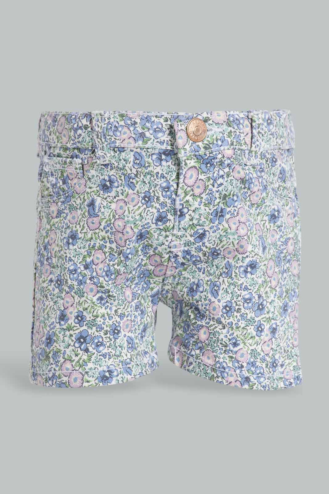 Redtag-Blue-Floral-Aop-Short-Denim-Shorts-Infant-Girls-3 to 24 Months