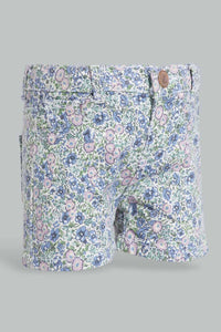 Redtag-Blue-Floral-Aop-Short-Denim-Shorts-Infant-Girls-3 to 24 Months