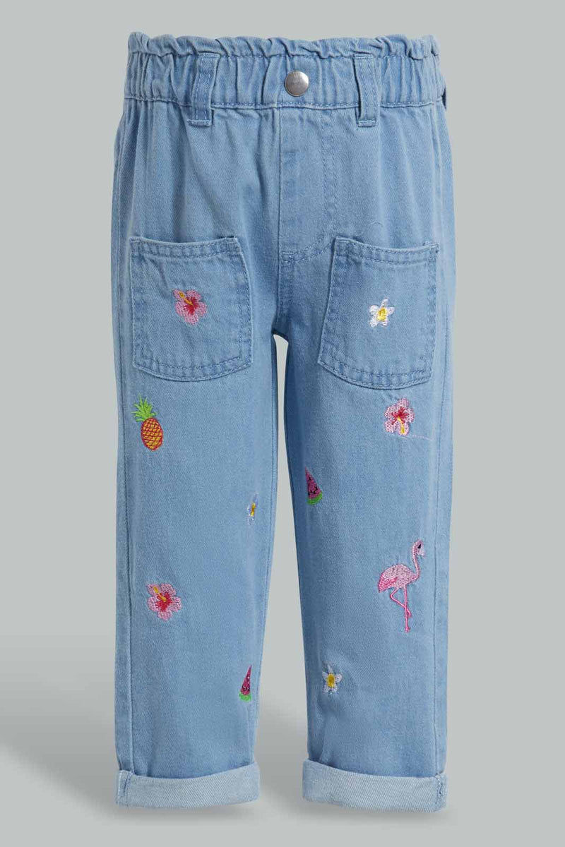 Redtag-Blue-All-Over-Embroidery-Jogger-Jeans-Harem-Fit-Infant-Girls-3 to 24 Months