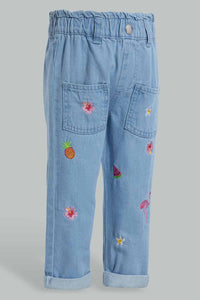 Redtag-Blue-All-Over-Embroidery-Jogger-Jeans-Harem-Fit-Infant-Girls-3 to 24 Months