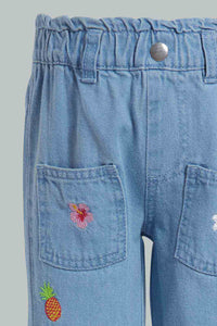 Redtag-Blue-All-Over-Embroidery-Jogger-Jeans-Harem-Fit-Infant-Girls-3 to 24 Months