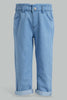 Redtag-Blue-Light-Wash-Denim-Jogger-Jeans-Harem-Fit-Infant-Girls-3 to 24 Months