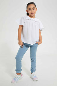 White Gathered Blouse With Collar