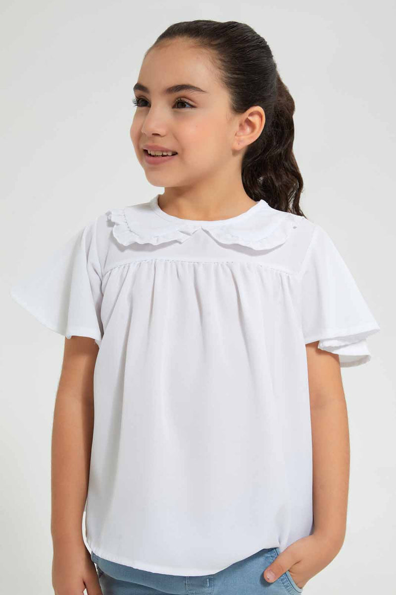 White Gathered Blouse With Collar