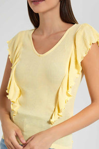Redtag-Yellow-Frill-Detail-Rib-Top-Category:Tops,-Colour:Yellow,-Filter:Women's-Clothing,-New-In,-New-In-Women,-Non-Sale,-RMD-add,-S22C,-Section:Women,-Women-Tops-Women's-