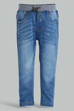 Load image into Gallery viewer, Redtag-Blue-Contrast-Rib-Pull-On-Denim-Pant-Jeans-Slim-Fit-Infant-Boys-3 to 24 Months
