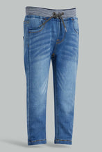 Load image into Gallery viewer, Redtag-Blue-Contrast-Rib-Pull-On-Denim-Pant-Jeans-Slim-Fit-Infant-Boys-3 to 24 Months
