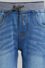 Load image into Gallery viewer, Redtag-Blue-Contrast-Rib-Pull-On-Denim-Pant-Jeans-Slim-Fit-Infant-Boys-3 to 24 Months
