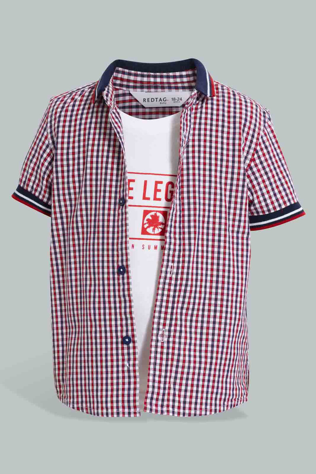 Redtag-Red-Checkered-2-In-1-Short-Slv-Shirt-Casual-Shirts-Infant-Boys-3 to 24 Months