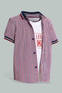 Redtag-Red-Checkered-2-In-1-Short-Slv-Shirt-Casual-Shirts-Infant-Boys-3 to 24 Months