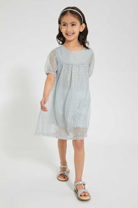 Redtag-Grey-Foil-Printed-Dress-Dresses-Girls-2 to 8 Years