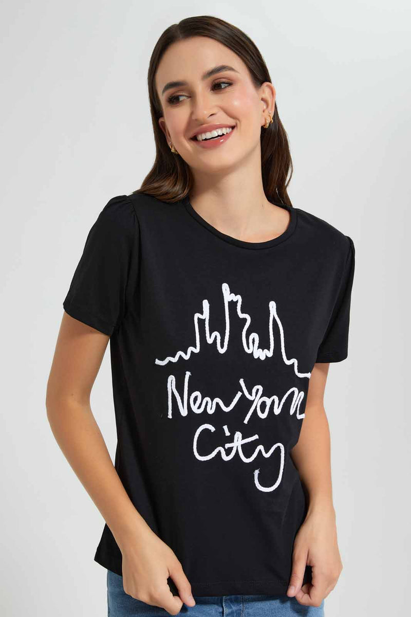 Redtag-Black-New-York-Rope-Print-T-Shirt-Category:T-Shirts,-Colour:Black,-Filter:Women's-Clothing,-New-In,-New-In-Women,-Non-Sale,-S22D,-Section:Women,-Women-T-Shirts-Women's-