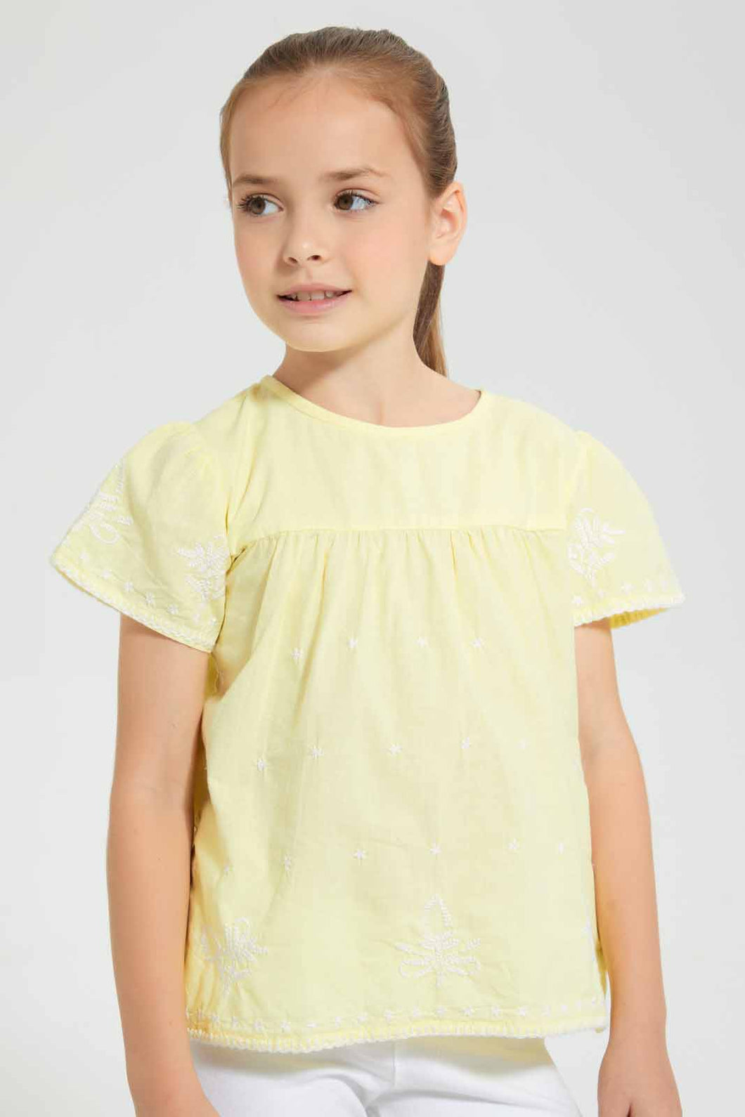 Redtag-Yellow-Embroidered-Blouse-Blouses-Girls-2 to 8 Years