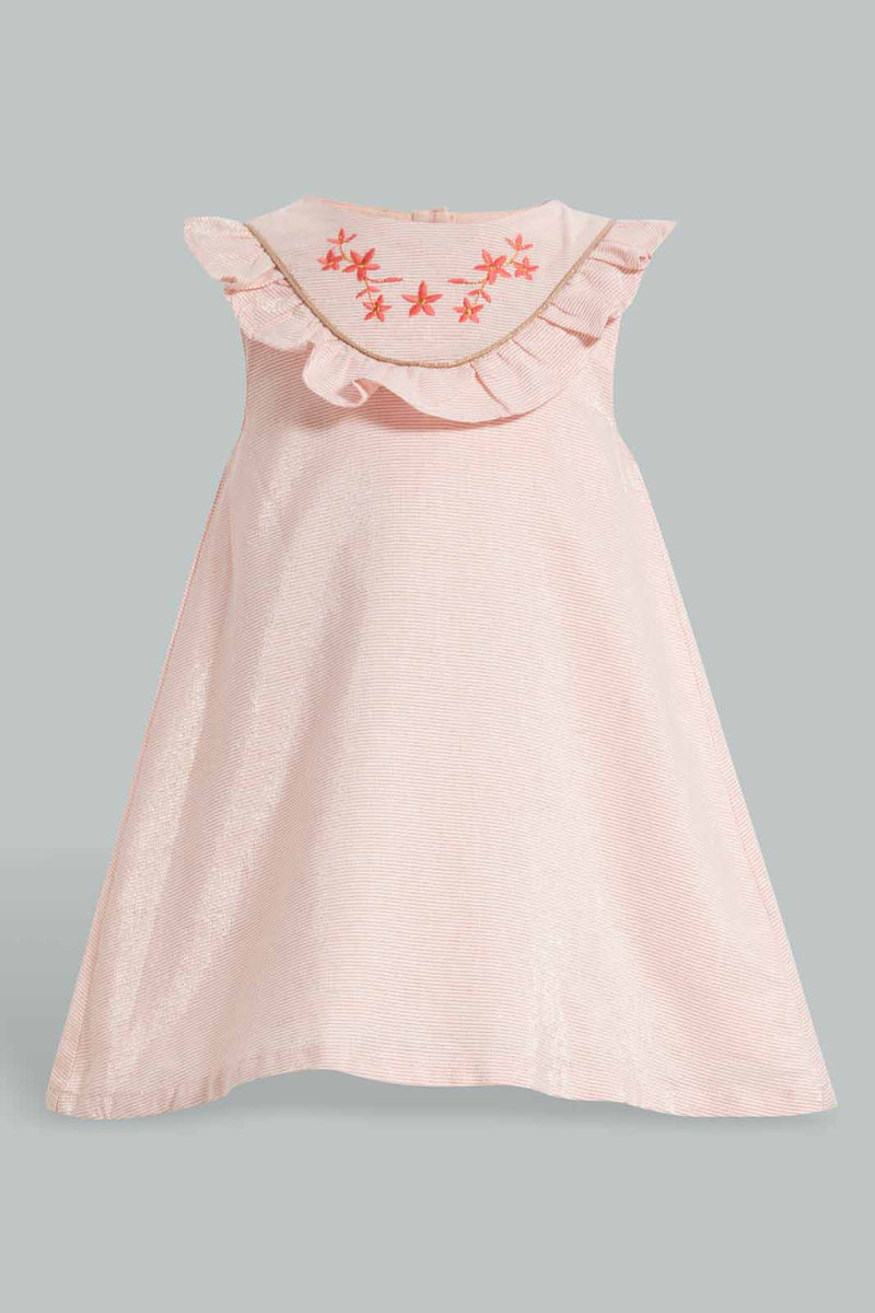 Redtag-Coral-Front-Embroidery-Sleeveless-Lurex-Dress-Dresses-Infant-Girls-3 to 24 Months