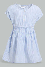 Load image into Gallery viewer, Redtag-Blue-Seesucker-Elasticated-Dress-With-Front-Buttons-Dresses-Infant-Girls-3 to 24 Months
