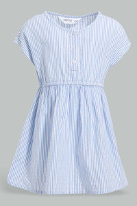 Redtag-Blue-Seesucker-Elasticated-Dress-With-Front-Buttons-Dresses-Infant-Girls-3 to 24 Months