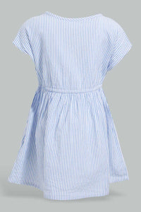 Redtag-Blue-Seesucker-Elasticated-Dress-With-Front-Buttons-Dresses-Infant-Girls-3 to 24 Months