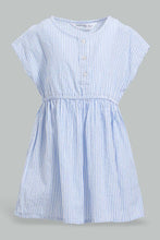 Load image into Gallery viewer, Redtag-Blue-Seesucker-Elasticated-Dress-With-Front-Buttons-Dresses-Infant-Girls-3 to 24 Months
