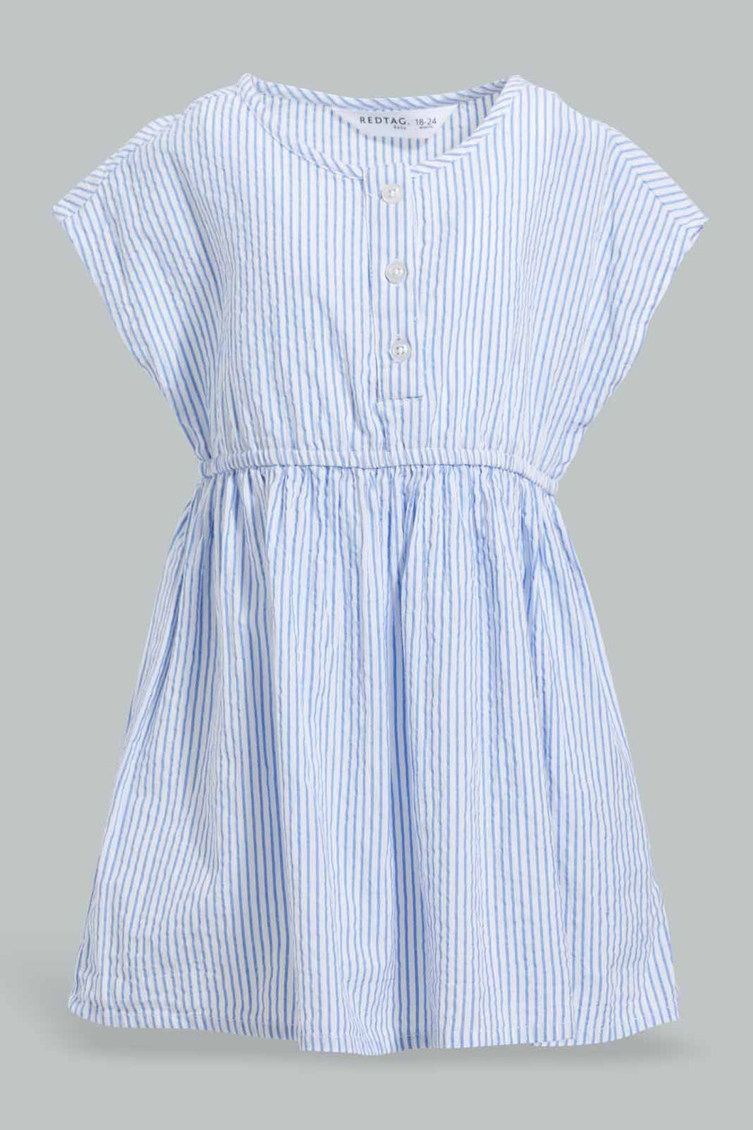 Redtag-Blue-Seesucker-Elasticated-Dress-With-Front-Buttons-Dresses-Infant-Girls-3 to 24 Months