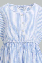 Load image into Gallery viewer, Redtag-Blue-Seesucker-Elasticated-Dress-With-Front-Buttons-Dresses-Infant-Girls-3 to 24 Months

