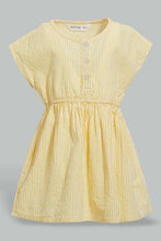 Load image into Gallery viewer, Redtag-Yellow-Seesucker-Elasticated-Dress-With-Front-Buttons-Dresses-Infant-Girls-3 to 24 Months
