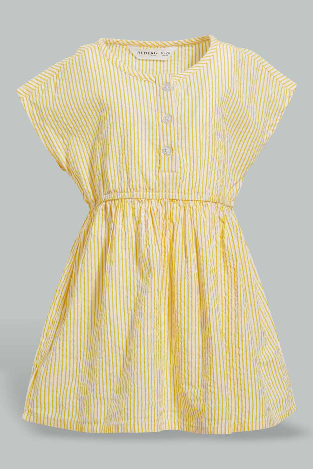 Redtag-Yellow-Seesucker-Elasticated-Dress-With-Front-Buttons-Dresses-Infant-Girls-3 to 24 Months