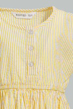 Load image into Gallery viewer, Redtag-Yellow-Seesucker-Elasticated-Dress-With-Front-Buttons-Dresses-Infant-Girls-3 to 24 Months

