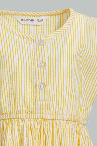 Redtag-Yellow-Seesucker-Elasticated-Dress-With-Front-Buttons-Dresses-Infant-Girls-3 to 24 Months