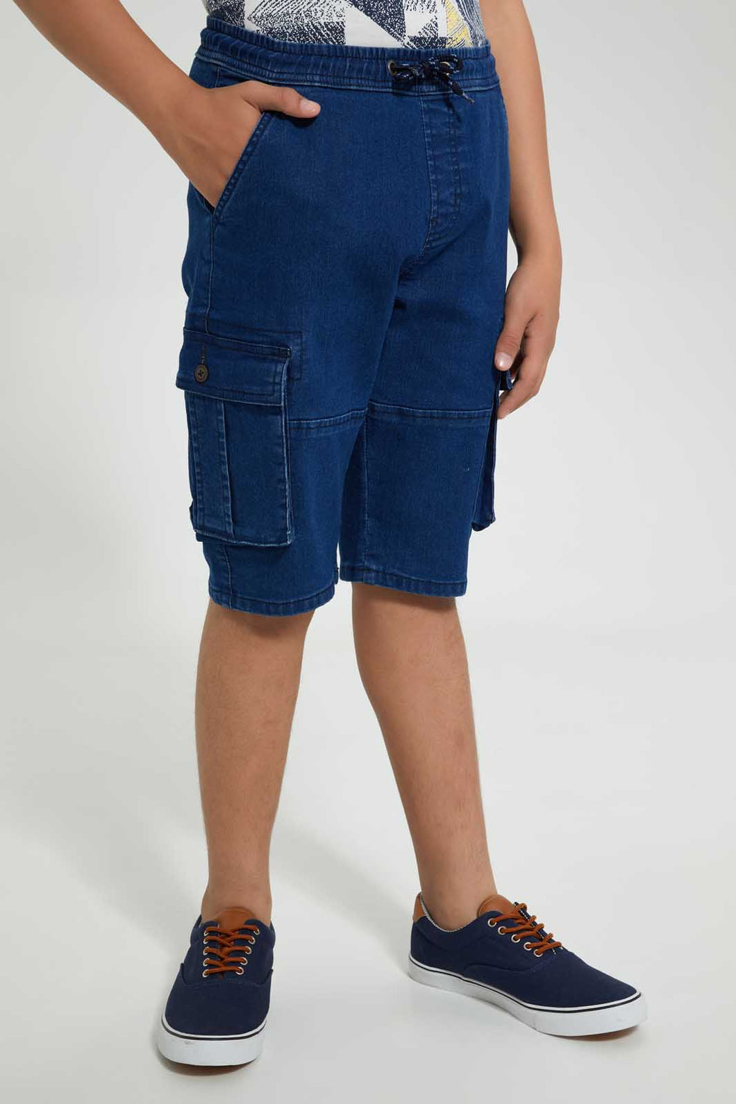 Redtag-Dark-Wash-Cargo-Short-Denim-Shorts-Senior-Boys-9 to 14 Years