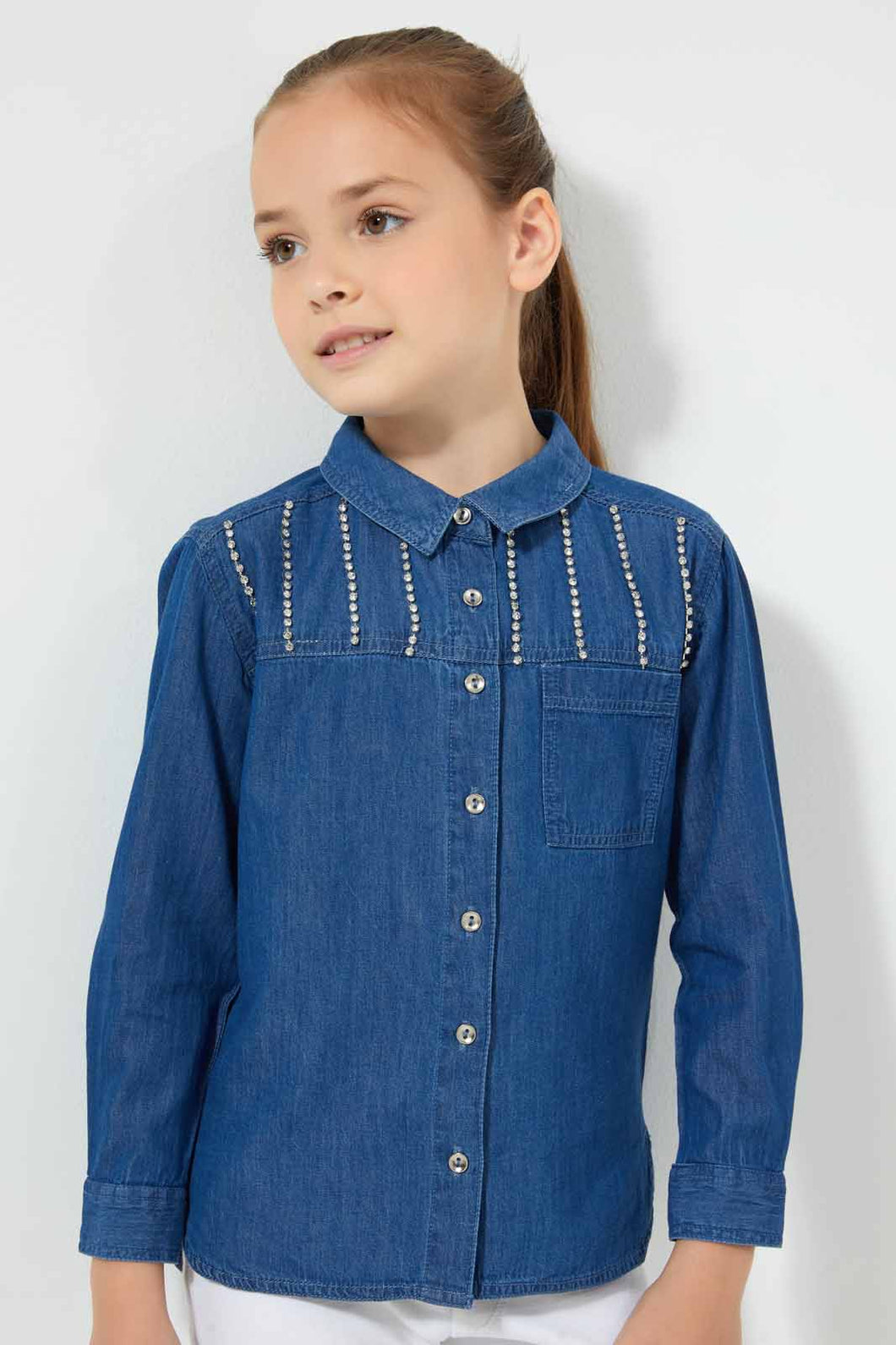 Redtag-Denim-Embellised-Blouse-Blouses-Girls-2 to 8 Years