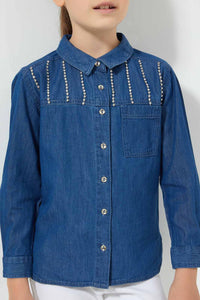 Redtag-Denim-Embellised-Blouse-Blouses-Girls-2 to 8 Years