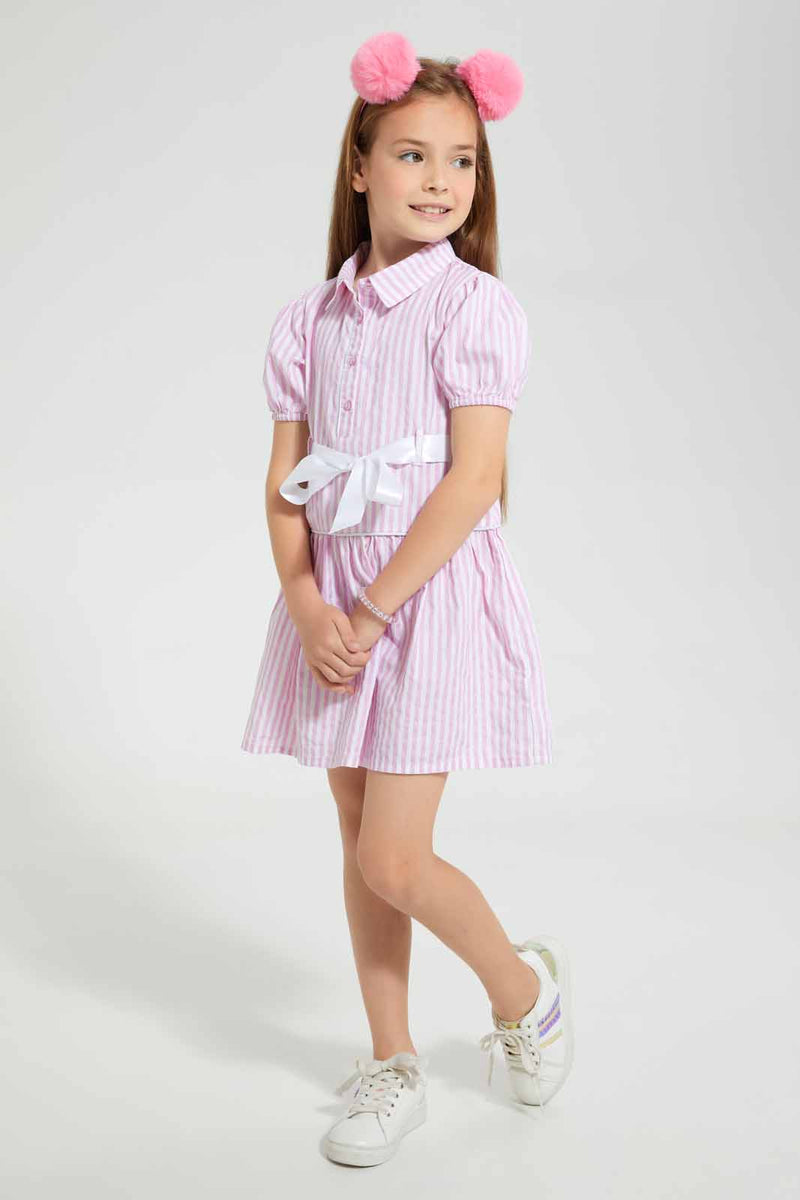 Redtag-Pink-Stripped-Shirt-Dress-Dresses-Girls-2 to 8 Years