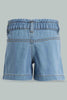 Redtag-Blue-Lite-Wash-Paperbag-Denim-Short-Denim-Shorts-Infant-Girls-3 to 24 Months