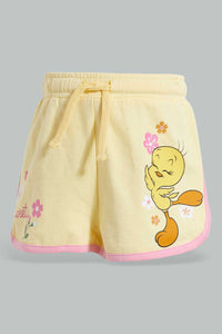 Redtag-Yellow-Tweety-Short-Casual-Shorts-Infant-Girls-3 to 24 Months