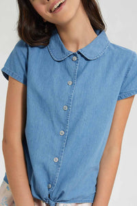 Redtag-Pale-Blue-Denim-Front-Tie-Shirt-Blouses-Senior-Girls-9 to 14 Years