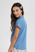 Load image into Gallery viewer, Redtag-Pale-Blue-Denim-Front-Tie-Shirt-Blouses-Senior-Girls-9 to 14 Years
