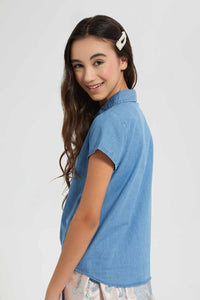 Redtag-Pale-Blue-Denim-Front-Tie-Shirt-Blouses-Senior-Girls-9 to 14 Years