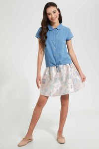 Redtag-Pale-Blue-Denim-Front-Tie-Shirt-Blouses-Senior-Girls-9 to 14 Years