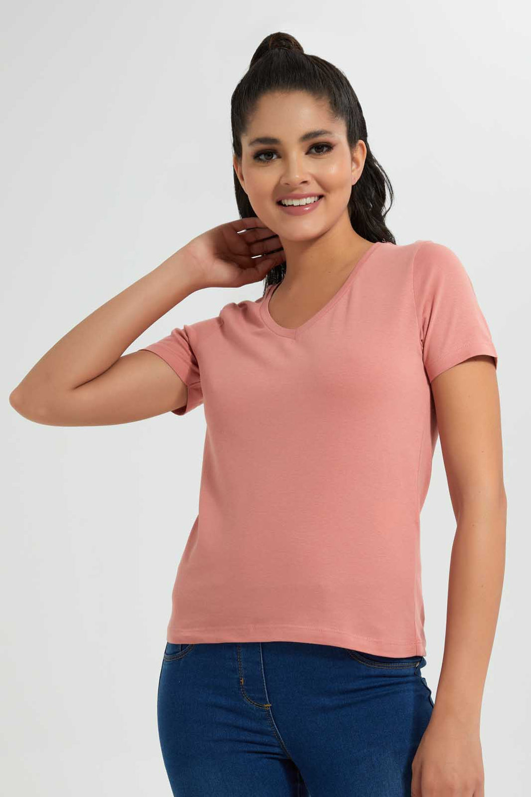 Redtag-Pink-V-Neck-T-Shirt-V-Neck-T-Shirts-Women's-