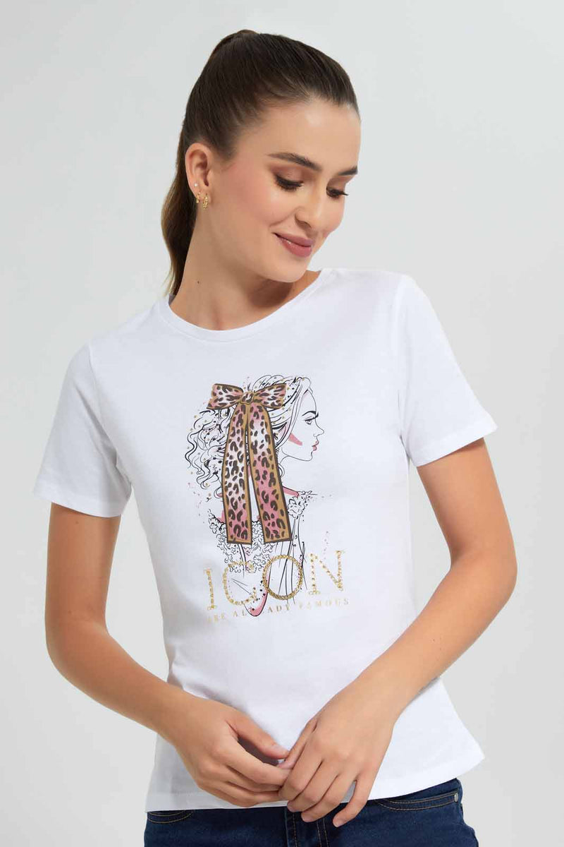 Redtag-White-Icon-Embellished-T-Shirt-Category:T-Shirts,-Colour:White,-Filter:Women's-Clothing,-New-In,-New-In-Women,-Non-Sale,-S22D,-Section:Women,-TBL,-Women-T-Shirts-Women's-