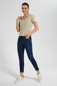 Redtag-Olive-V-Neck-T-Shirt-Category:T-Shirts,-Colour:Green,-Filter:Women's-Clothing,-New-In,-New-In-Women,-Non-Sale,-S22D,-Section:Women,-TBL,-Women-T-Shirts-Women's-