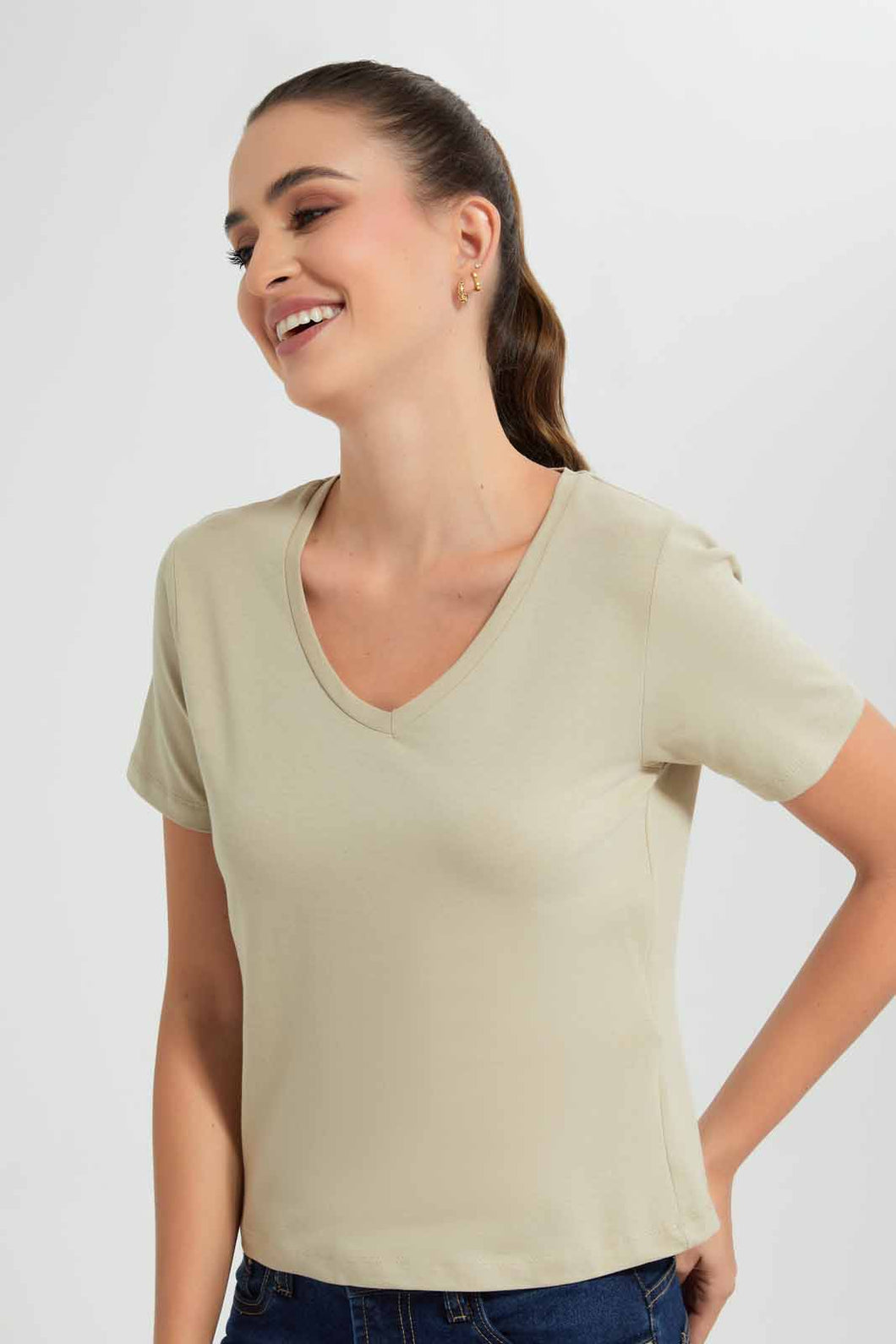 Redtag-Olive-V-Neck-T-Shirt-Category:T-Shirts,-Colour:Green,-Filter:Women's-Clothing,-New-In,-New-In-Women,-Non-Sale,-S22D,-Section:Women,-TBL,-Women-T-Shirts-Women's-